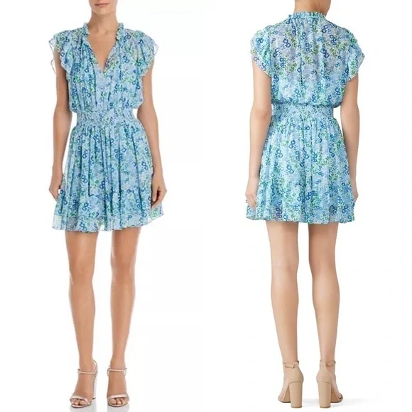 SHOSHANNA Floral Chiffon Smocked Waist Flutter Sleeve V-Neck Ruffle Mini Dress 8